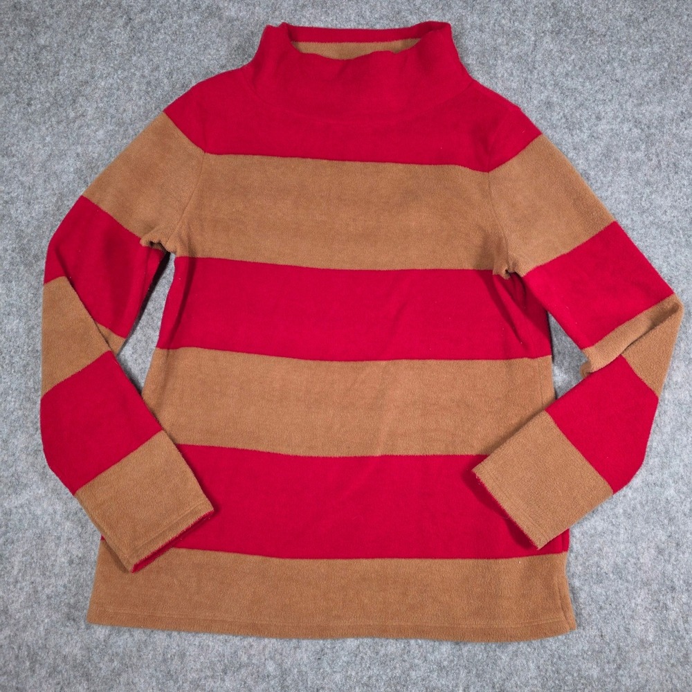 Talbots Top Bauble Striped Funnel Neck Microfleece Red Tan Long Sleeve Top Small